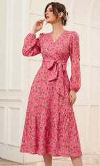 Women's Pink Floral Crepe V-Neck A-Line Midi Dress