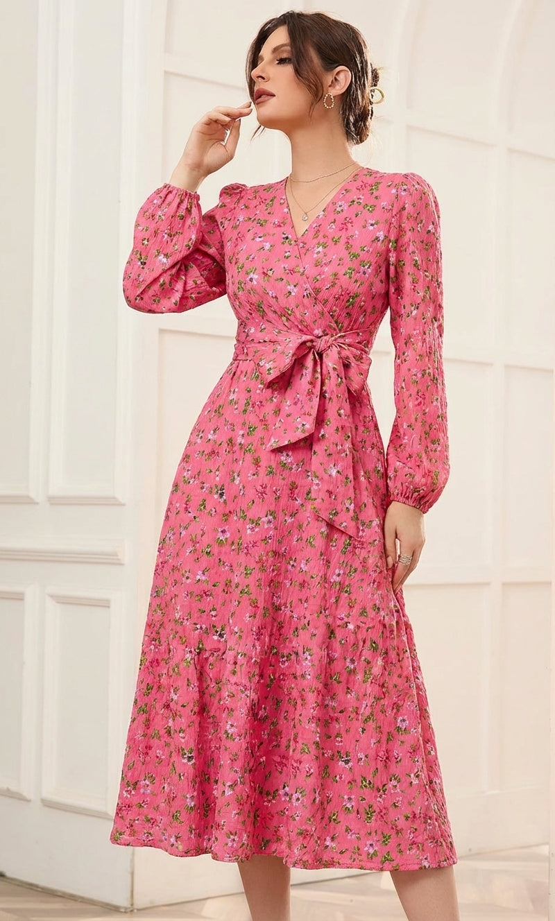 Women's Pink Floral Crepe V-Neck A-Line Midi Dress