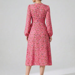 Women's Pink Floral Crepe V-Neck A-Line Midi Dress