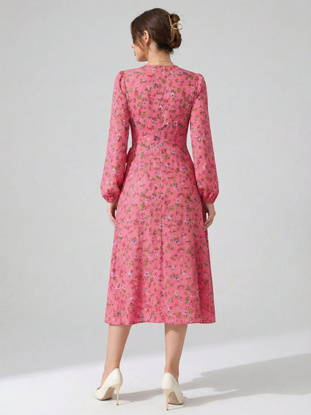 Women's Pink Floral Crepe V-Neck A-Line Midi Dress