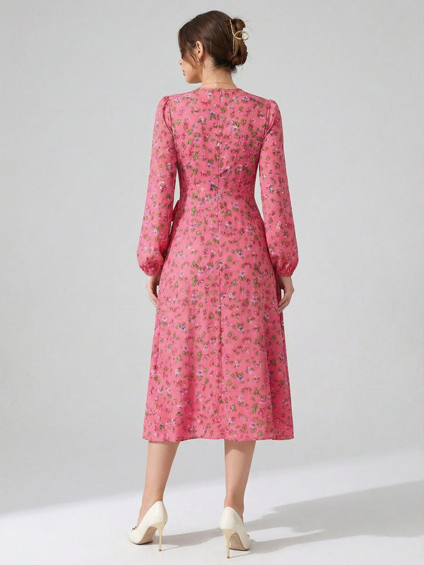 Women's Pink Floral Crepe V-Neck A-Line Midi Dress
