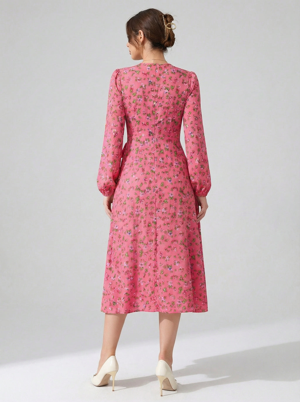 Women's Pink Floral Crepe V-Neck A-Line Midi Dress