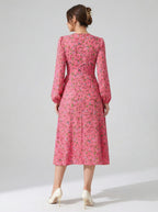 Women's Pink Floral Crepe V-Neck A-Line Midi Dress