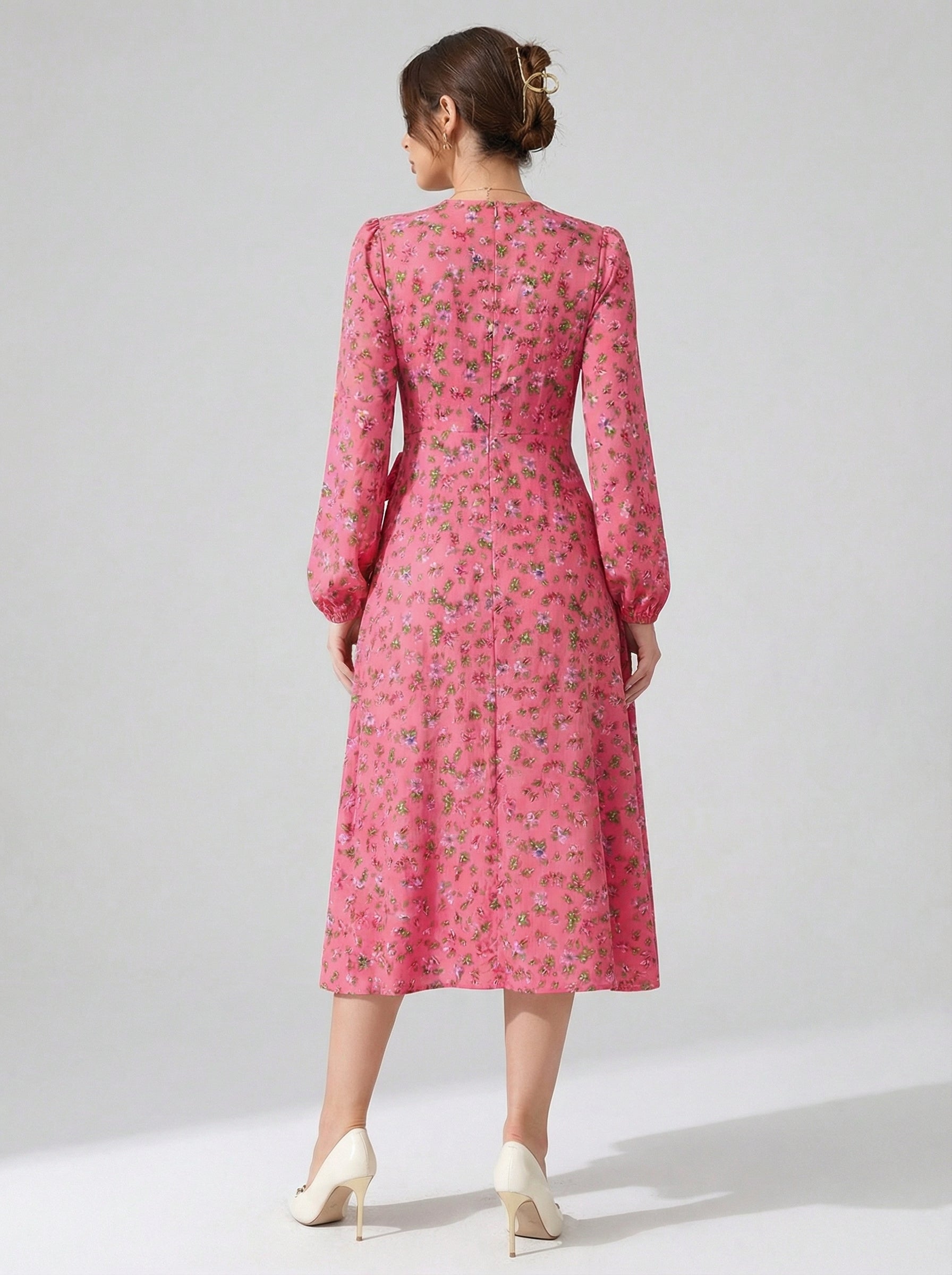 Women's Pink Floral Crepe V-Neck A-Line Midi Dress