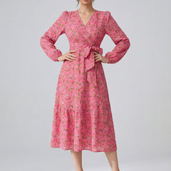 Women's Pink Floral Crepe V-Neck A-Line Midi Dress