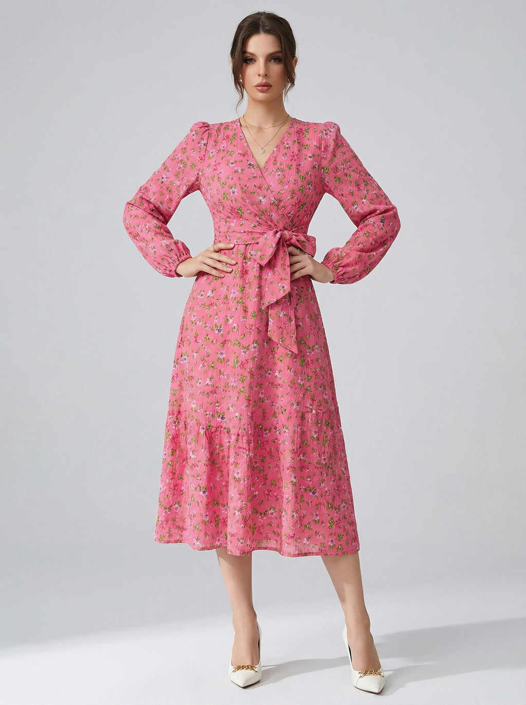 Women's Pink Floral Crepe V-Neck A-Line Midi Dress