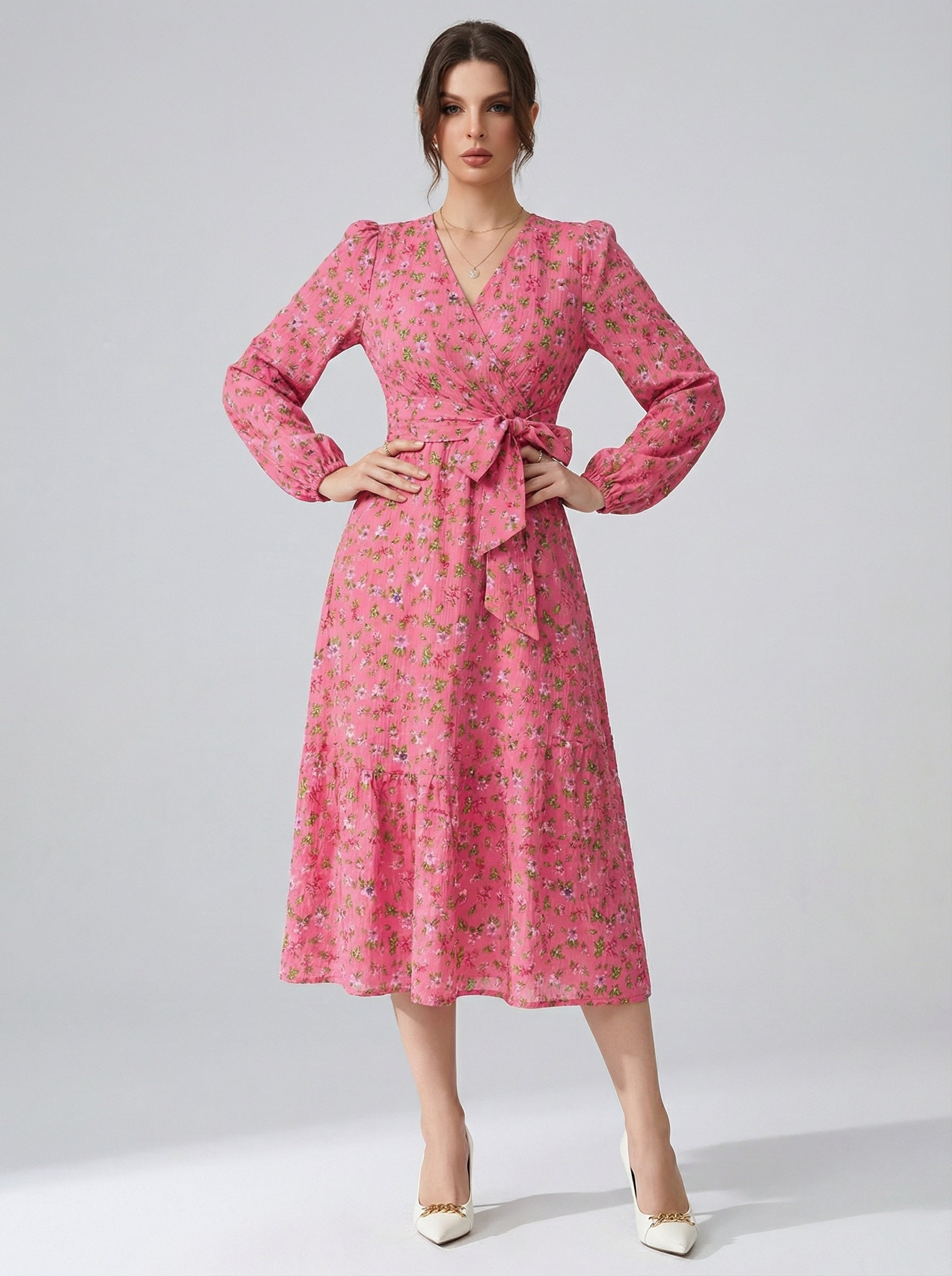 Women's Pink Floral Crepe V-Neck A-Line Midi Dress