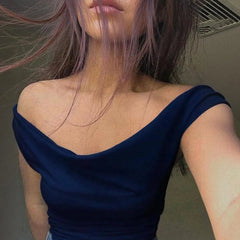 Istyle Can Navy Blue Women's Solid/Plain Asymmetric Hem Stretchable Draped Crop Top Istyle Can