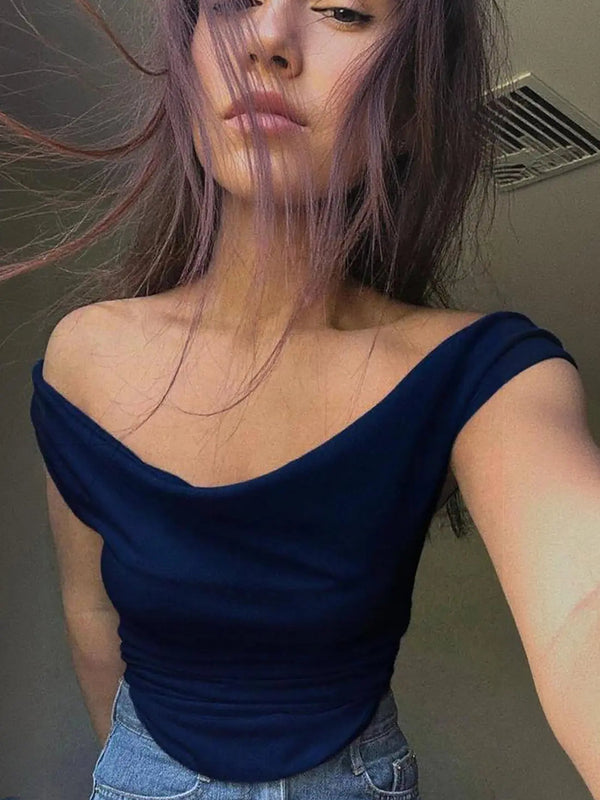 Istyle Can Navy Blue Women's Solid/Plain Asymmetric Hem Stretchable Draped Crop Top Istyle Can