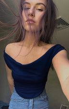 Istyle Can Navy Blue Women's Solid/Plain Asymmetric Hem Stretchable Draped Crop Top Istyle Can