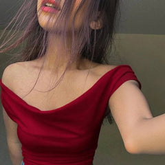 Istyle Can Maroon Women's Solid/Plain Asymmetric Hem Stretchable Draped Crop Top Istyle Can