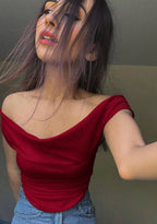 Istyle Can Maroon Women's Solid/Plain Asymmetric Hem Stretchable Draped Crop Top Istyle Can