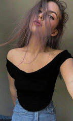 Istyle Can Black Women's Solid/Plain Asymmetric Hem Stretchable Draped Crop Top Istyle Can