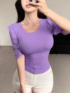 Lavender Ribbed Knit Ruffle Half Sleeves Korean Fashion Slim fit Top