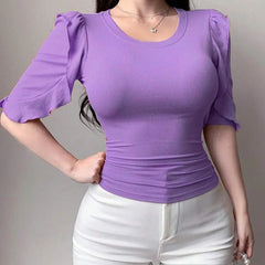 Lavender Ribbed Knit Ruffle Half Sleeves Korean Fashion Slim fit Top