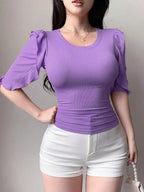Lavender Ribbed Knit Ruffle Half Sleeves Korean Fashion Slim fit Top
