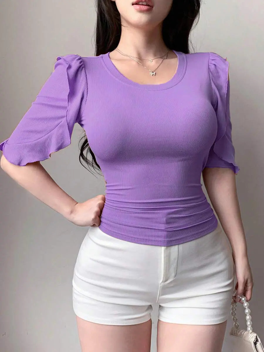 Lavender Ribbed Knit Ruffle Half Sleeves Korean Fashion Slim fit Top