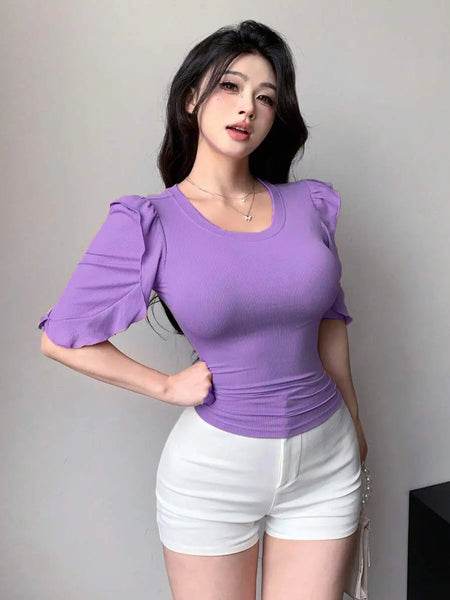 Lavender Ribbed Knit Ruffle Half Sleeves Korean Fashion Slim fit Top