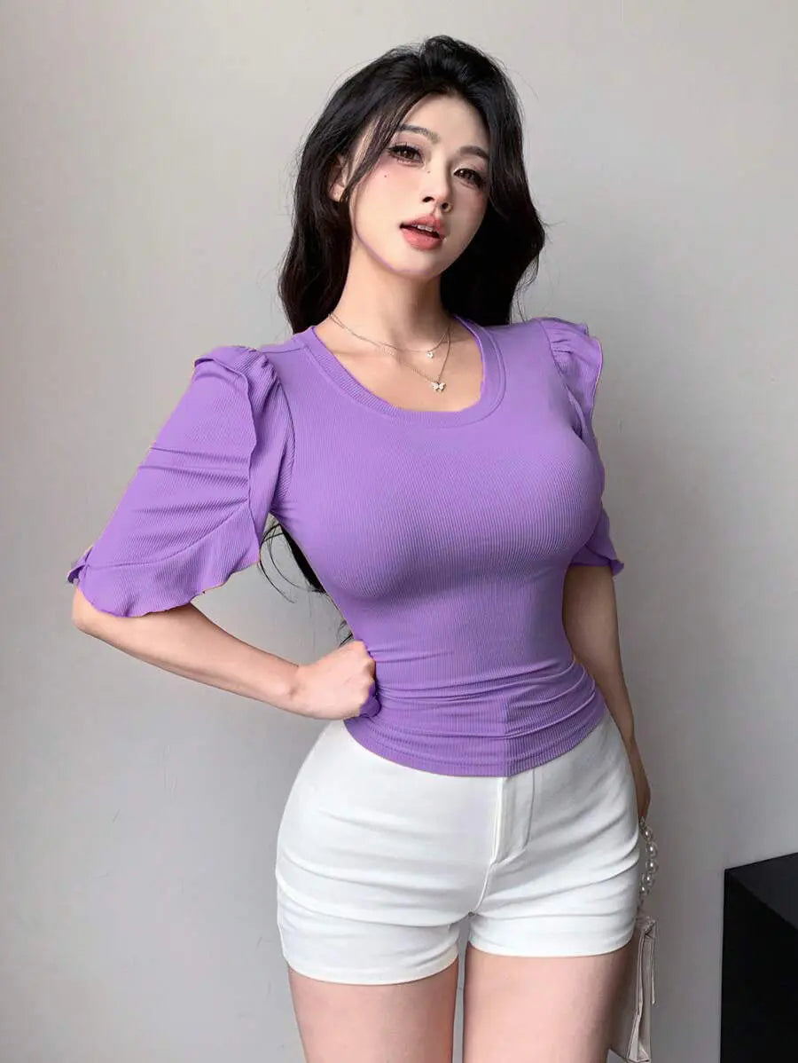 Lavender Ribbed Knit Ruffle Half Sleeves Korean Fashion Slim fit Top Main image