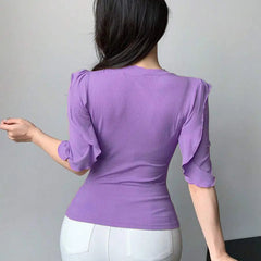 Lavender Ribbed Knit Ruffle Half Sleeves Korean Fashion Slim fit Top