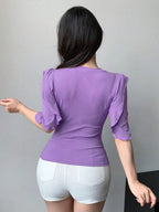 Lavender Ribbed Knit Ruffle Half Sleeves Korean Fashion Slim fit Top