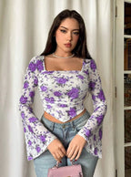 Istyle Can Purple Floral Print Power Net Slim‑Fit Crop Top with Square Neck & Bell Sleeves My Store