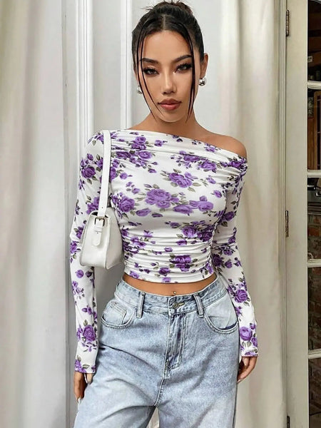 Istyle Can Purple Floral Print Power Net Full Sleeve Asymmetric Collar Pleated Cropped Top My Store