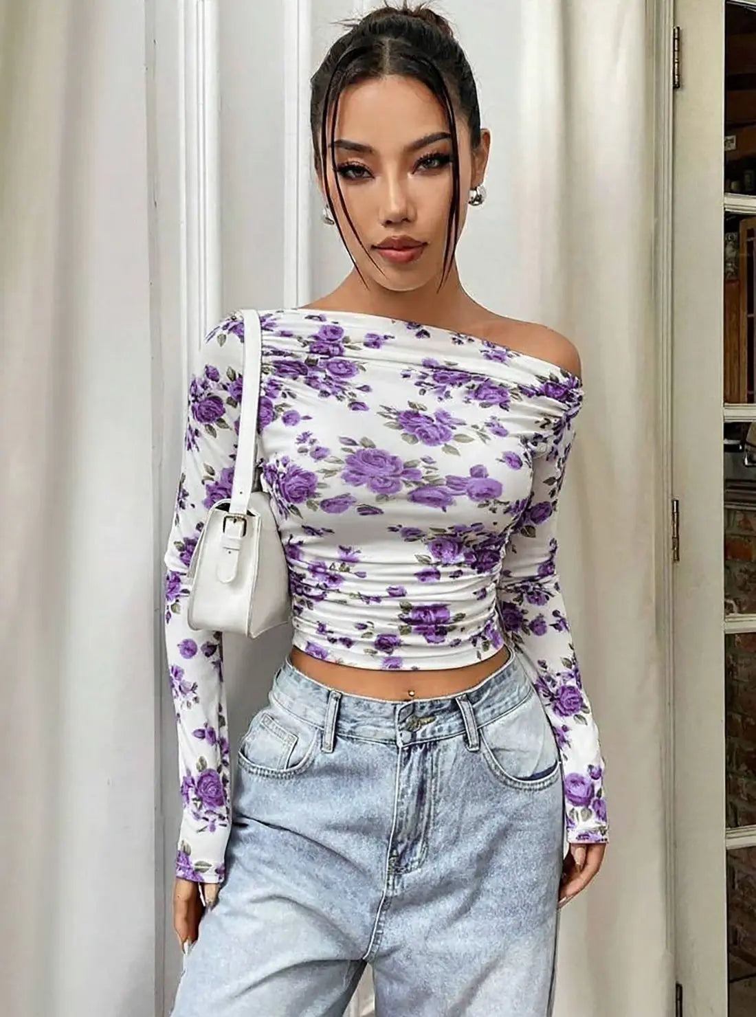 Istyle Can Purple Floral Print Power Net Full Sleeve Asymmetric Collar Pleated Cropped Top Secondary image