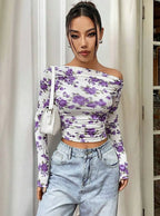 Istyle Can Purple Floral Print Power Net Full Sleeve Asymmetric Collar Pleated Cropped Top My Store