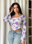 Istyle Can Purple Floral Print Power Net Slim‑Fit Crop Top with Square Neck & Bell Sleeves My Store