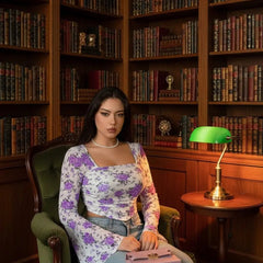 Istyle Can Purple Floral Print Power Net Slim‑Fit Crop Top with Square Neck & Bell Sleeves My Store