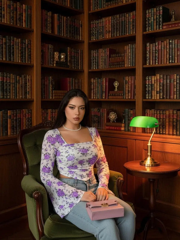 Istyle Can Purple Floral Print Power Net Slim‑Fit Crop Top with Square Neck & Bell Sleeves My Store