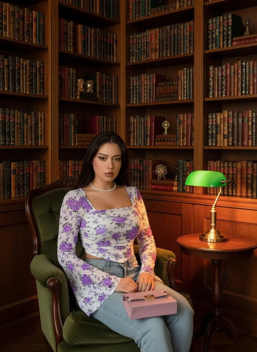 Istyle Can Purple Floral Print Power Net Slim‑Fit Crop Top with Square Neck & Bell Sleeves My Store