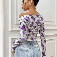 Istyle Can Purple Floral Print Power Net Full Sleeve Asymmetric Collar Pleated Cropped Top My Store