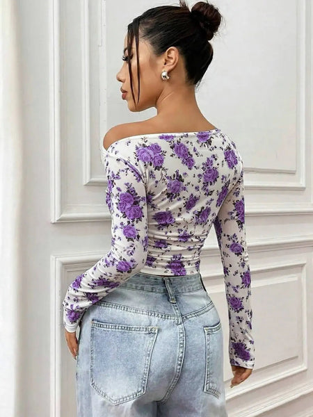 Istyle Can Purple Floral Print Power Net Full Sleeve Asymmetric Collar Pleated Cropped Top My Store
