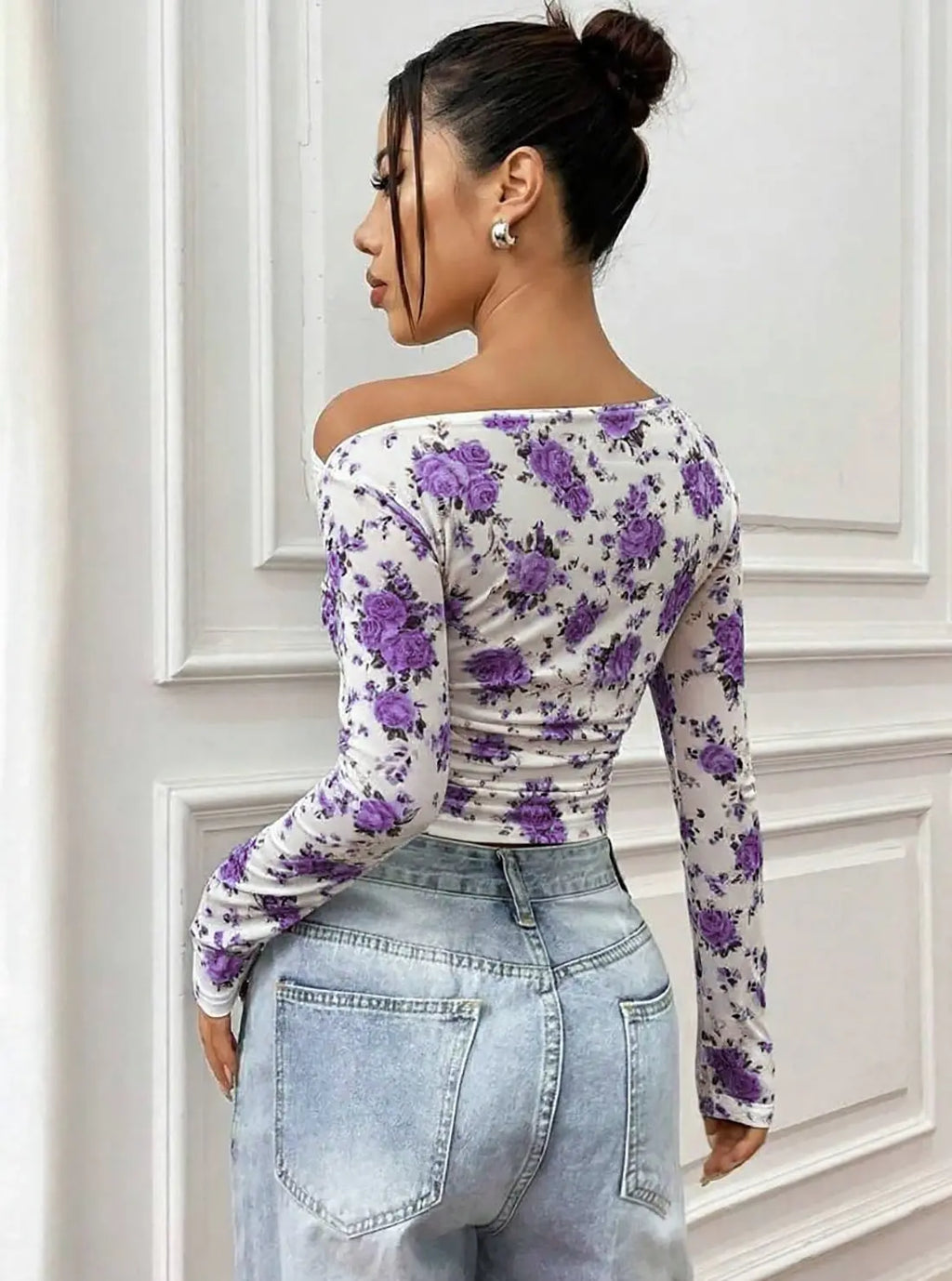 Istyle Can Purple Floral Print Power Net Full Sleeve Asymmetric Collar Pleated Cropped Top My Store