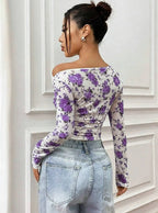Istyle Can Purple Floral Print Power Net Full Sleeve Asymmetric Collar Pleated Cropped Top My Store