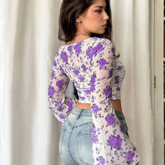 Istyle Can Purple Floral Print Power Net Slim‑Fit Crop Top with Square Neck & Bell Sleeves My Store