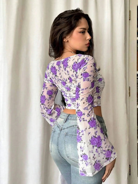 Istyle Can Purple Floral Print Power Net Slim‑Fit Crop Top with Square Neck & Bell Sleeves My Store