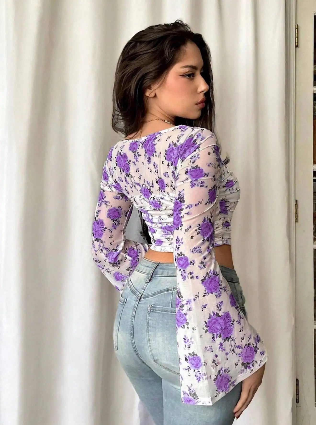 Istyle Can Purple Floral Print Power Net Slim‑Fit Crop Top with Square Neck & Bell Sleeves My Store