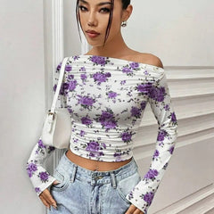 Istyle Can Purple Floral Print Power Net Full Sleeve Asymmetric Collar Pleated Cropped Top My Store