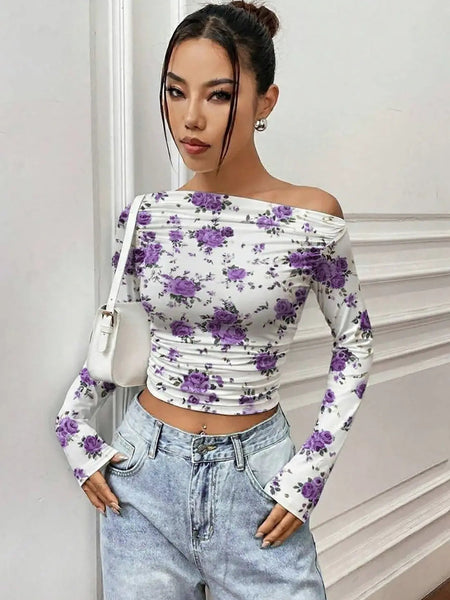 Istyle Can Purple Floral Print Power Net Full Sleeve Asymmetric Collar Pleated Cropped Top My Store