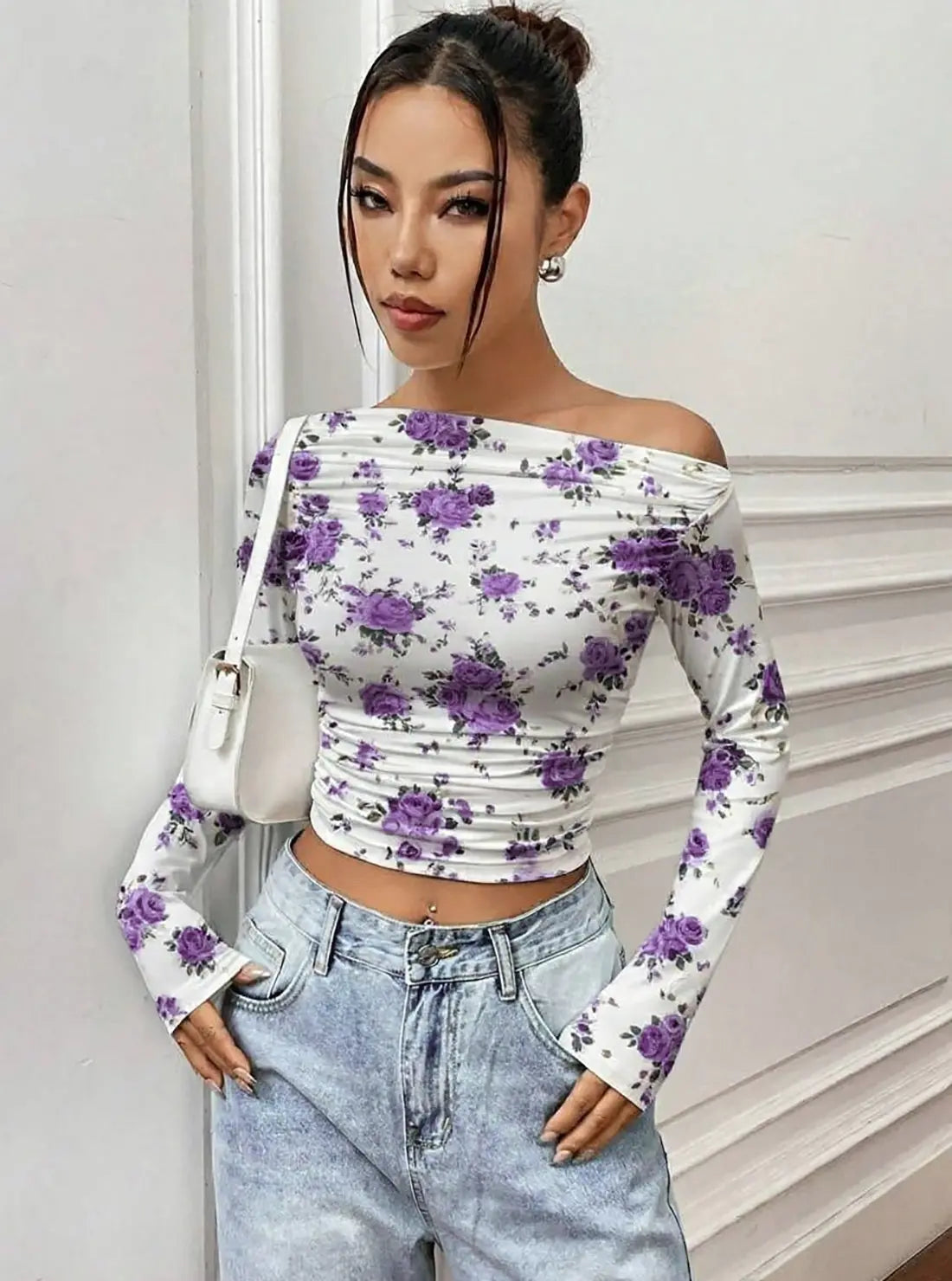Istyle Can Purple Floral Print Power Net Full Sleeve Asymmetric Collar Pleated Cropped Top My Store Main image