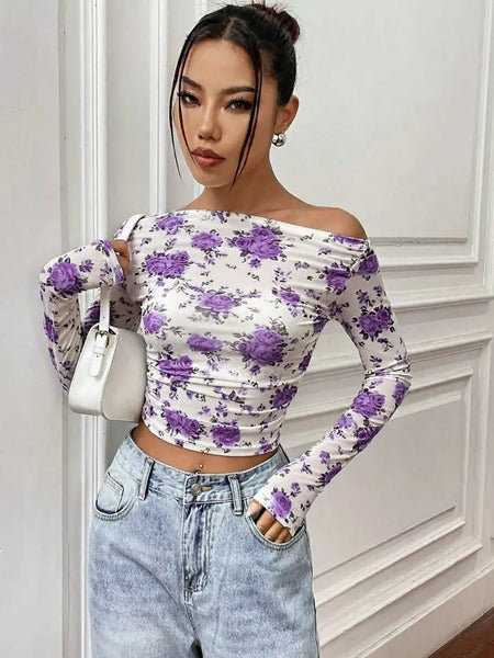 Istyle Can Purple Floral Print Power Net Full Sleeve Asymmetric Collar Pleated Cropped Top My Store