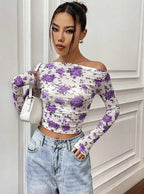 Istyle Can Purple Floral Print Power Net Full Sleeve Asymmetric Collar Pleated Cropped Top My Store