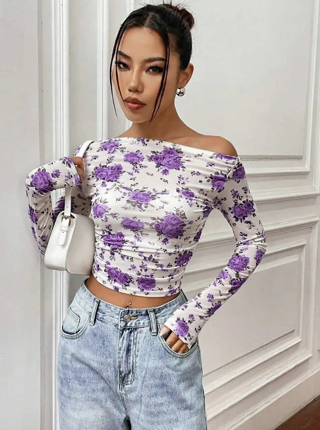 Istyle Can Purple Floral Print Power Net Full Sleeve Asymmetric Collar Pleated Cropped Top My Store