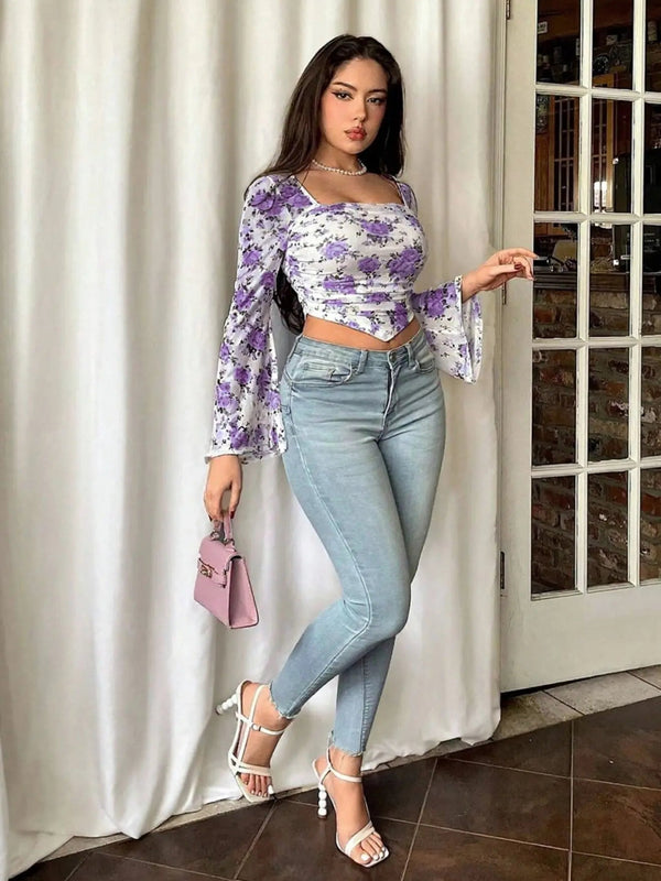 Istyle Can Purple Floral Print Power Net Slim‑Fit Crop Top with Square Neck & Bell Sleeves My Store