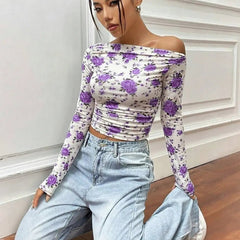 Istyle Can Purple Floral Print Power Net Full Sleeve Asymmetric Collar Pleated Cropped Top My Store