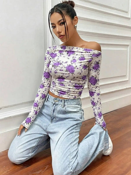 Istyle Can Purple Floral Print Power Net Full Sleeve Asymmetric Collar Pleated Cropped Top My Store