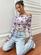 Istyle Can Purple Floral Print Power Net Full Sleeve Asymmetric Collar Pleated Cropped Top My Store